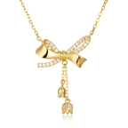 925 Sterling Silver Elegant Plated With Gold Bow Necklace With Zircon Accents