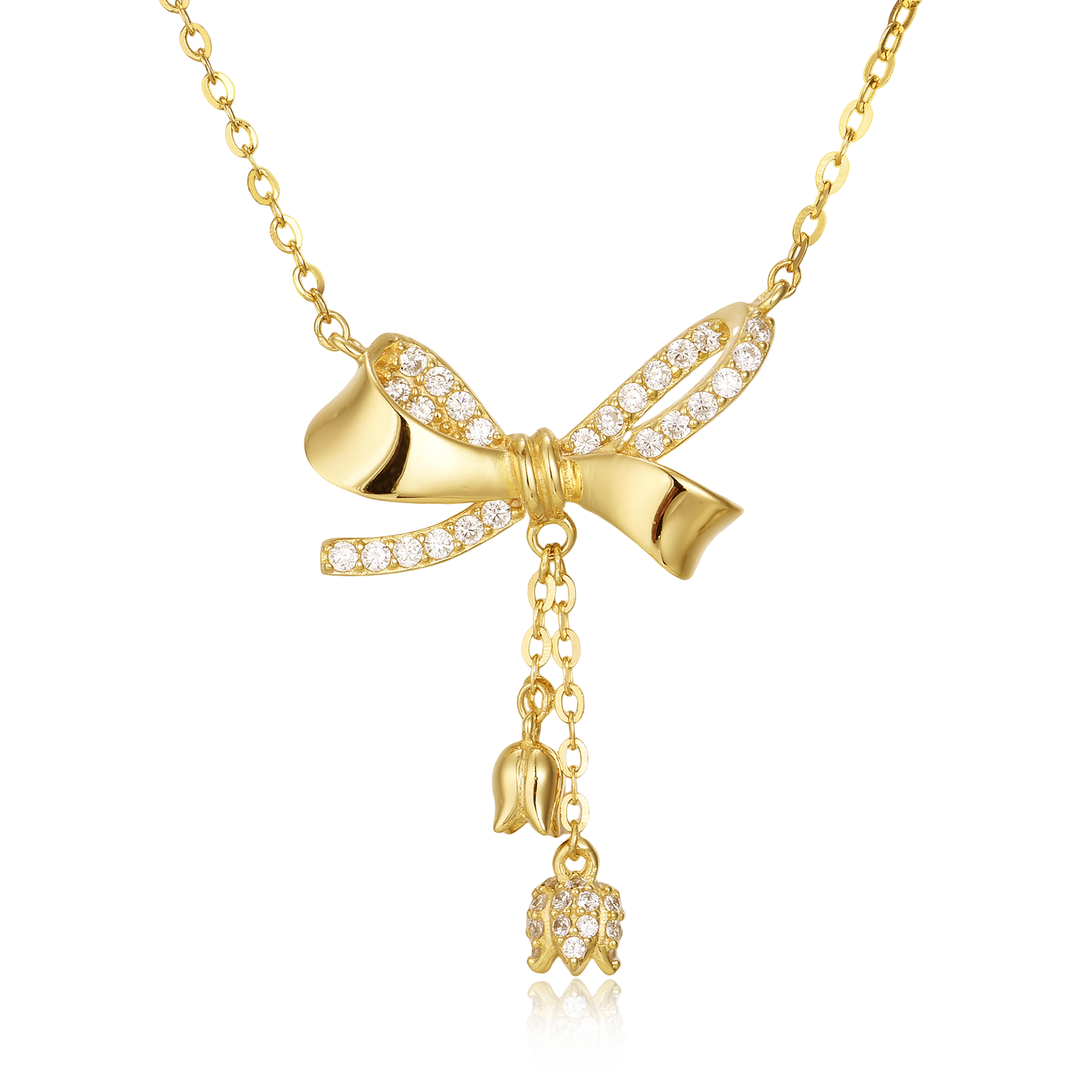 925 Sterling Silver Elegant Plated With Gold Bow Necklace With Zircon Accents