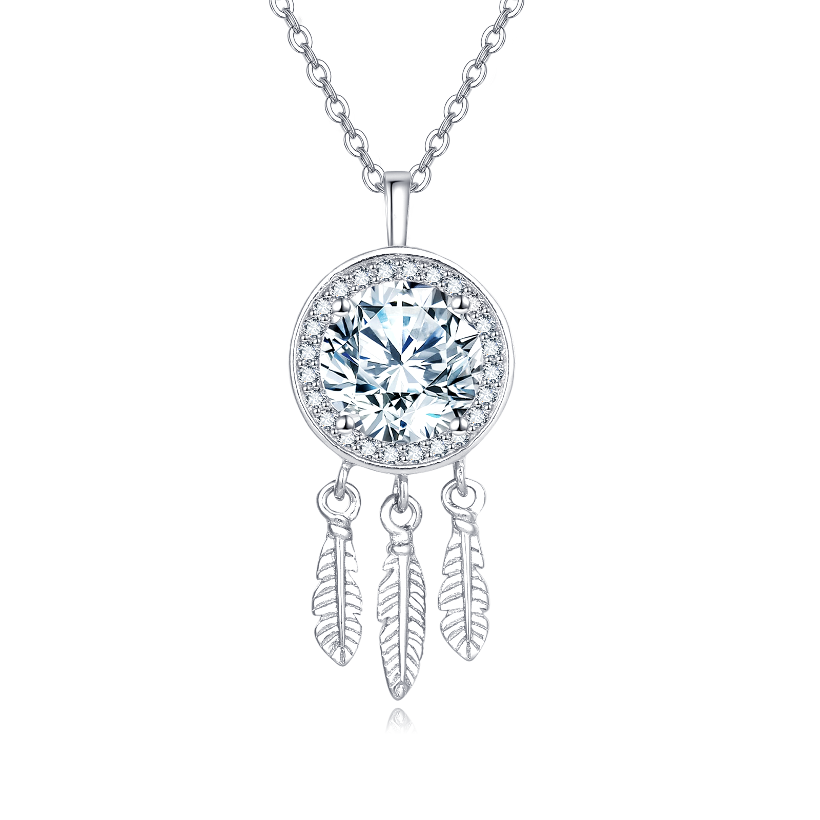 925 Sterling Silver Elegant Moissanite Feather Charm Necklace In Sterling Silver
